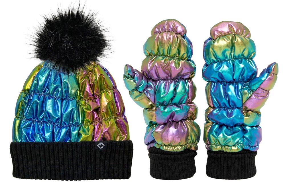 3086 Matching 2 Pack Puffer Faux Fur Pom Pom Beanie & Mittens